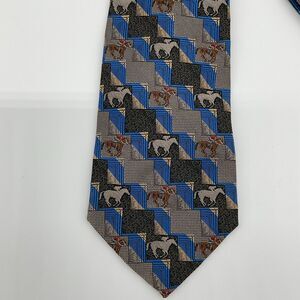 ROBERT‎ TALBOTT HORSE RACE JOCKEY EQUESTRIAN MENS SILK TIE USA Made Brown Blue